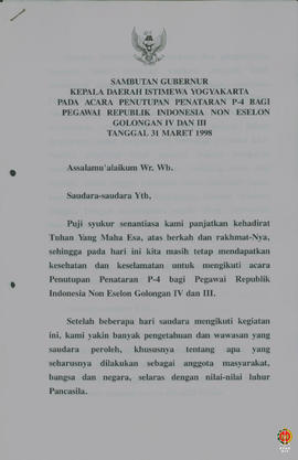 Teks Sambutan Gubernur Kepala DIY pada acara Penutupan Penataran P4 bagi Pegawai RI non eselon Go...