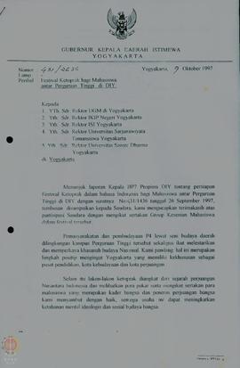 Surat dari Gubernur Kepala Daerah Istimewa Yogyakarta tertanggal 9 Oktober 1997 tentang ucapan te...