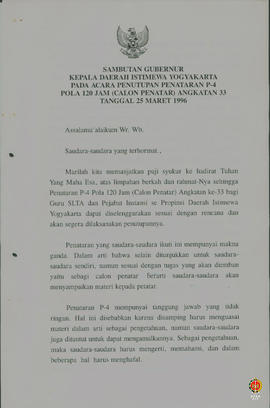 Teks sambutan Gubernur Kepala Daerah Istimewa Yogyakarta pada acara penutupan penataran P4 pola 1...