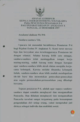 Teks amanat Gubernur Kepala Daerah Istimewa Yogyakarta pada penutupan penataran P4 bagi pejabat e...