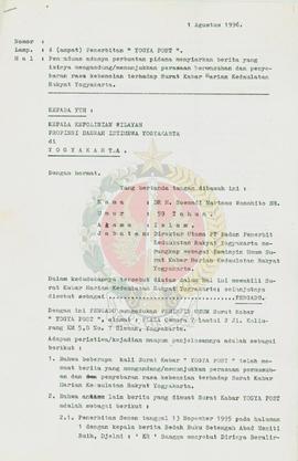 Surat dari Pengadu bernama DR.H.Soemadi Martono Wonohito SH kepada Kepala Kepolisian Wilayah Daer...