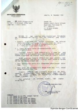 Surat dari Direktur Pembinaan Pers Departemen Penerangan Republik Indoesai Jakarta kepada Kepala ...