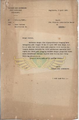 Surat dari Yayasan Rarajongrang Nomor : 2/JRD/1967 tanggal 3 April 1967 kepad pimpinan laboraturi...