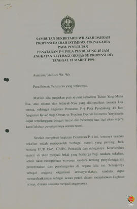 Teks Sambutan Sekretaris Wilayah Daerah Provinsi. DIY pada Penutupan Penataran P4 Pola Pendukung ...
