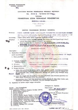 Keputusan Menteri Penerangan Republik Indonesia Nomor : 0225/SK/DPHM/SIT/1966 tentang pemberian i...