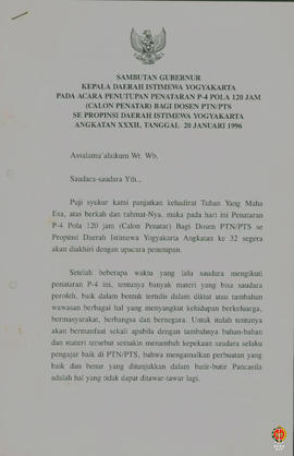Teks sambutan Gubernur Kepala Daerah Istimewa Yogyakarta pada pembukaan penataran p4 pola 120 jam...