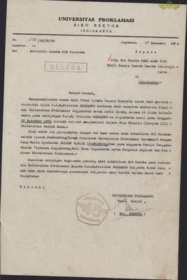 Surat dari Universitas Proklamasi Yogyakarta kepada Sri Paduka Pakualam VIII tanggal 17 Desember ...