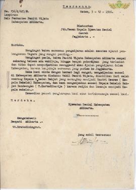 Surat dari Jawatan Sosial Kabupaten Adikarta Nomor : 156/4/625/S, kepada Kepala Jawatan Sosial Da...