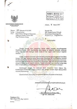 Surat dari Kantor Departemen Penerangan Republik Indonesia kepada Kepala Departemen Penerangan Re...