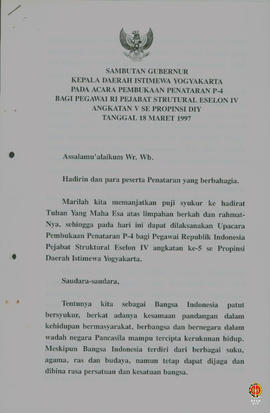 Teks Sambutan Gubernur Kepala DIY pada acara Pembukaan Penataran P4 bagi Pegawai RI Pejabat Struk...