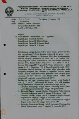 Surat dari BP-7 Propinsi DIY ditujukan kepada Bupati/Walikota se DIY tentang pemberitahuan festiv...