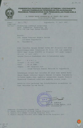 Surat dari Kepala BP7 DIY kepada Gubernur Daerah Istimewa Yogyakarta perihal permohonan sambutaan...