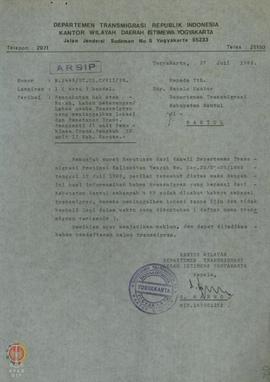 Berkas surat dari Kepala Kantor Wilayah Departemen Transmigrasi Daerah Istimewa Yogyakarta kepada...