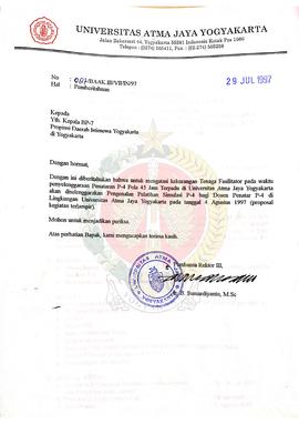 Surat dari Pembantu Rektor III Universitas Atma Jaya Yogyakarta kepada Kepala BP-7  Provinsi Daer...