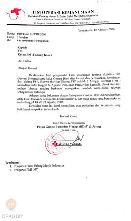 Surat permohonan penugasan kembali PSP (Psiko Sosial Program) pada Tim Operasi Kemanusiaan gempa ...