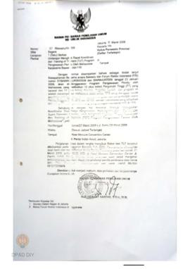 Surat dari Bawaslu untuk Ketua  Panwaslu Provinsi DIY perihal undangan mengikuti rapat koordinasi...