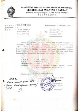 Surat dari Plh. Kepala Biro Sekretariat Wilayah Daerah Daerah Istimewa Yogyakarta kepada Kepala B...