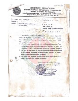 Bendel surat dari Kantor Wilayah Departemen Perdagangan Provinsi Daerah Istimewa Yogyakarta kepad...