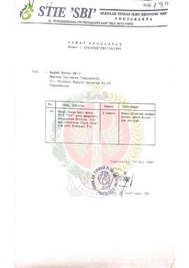 Surat dari Ketua Sekolah Tinggi Ilmu Ekonomi Solusi Bisnis Indonesia (STIE SBI) Yogyakarta kepada...