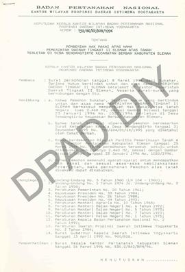 Surat Keputusan Kepala Kantor Wilayah Badan Pertanahan Nasional Provinsi DIY. No : 752/SK / HP / ...