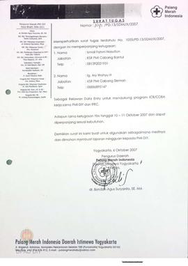 Surat No. PO/SDM III perihal surat tugas periode 20 September s.d 24 Oktober 2007 pasca gempa