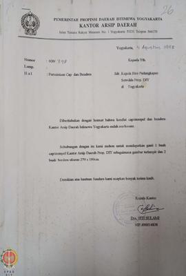 Surat dari Kepala Kantor Arsip Daerah Provinsi Daerah Istimewa Yogyakarta kepada Kepala Biro Perl...
