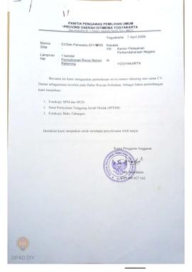 Surat dari Panwaslu DIY kepada Kantor Pelayanan Perbendaharaan Negara tentang permohonan revisi n...