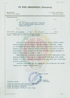 Surat dari Kepala Kantor PT. Pos Indonesia (Persero) Wates Yogyakarta kepada Kepala BP-7 Daerah I...
