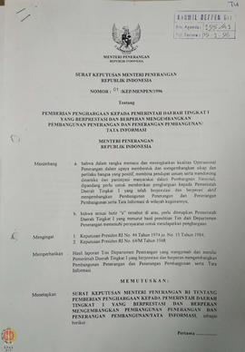 Surat Keputusan Menteri Penerangan Republik Indonesia Nomor : 01/KEP/MENPEN/ 1996 tentang Pemberi...