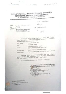 Surat dari Direktorat  Jenderal Kesatuan Bangsa Departemen Dalam Negeri RI kepada Kabid Hubtarga ...