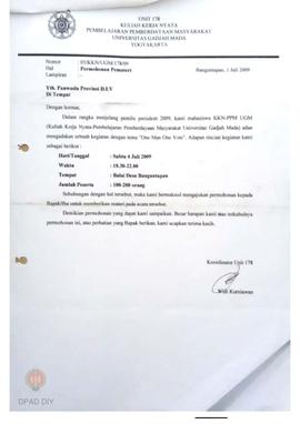 Surat dari mahasiswa Kuliah Kerja Nyata UGM unit 178 kepada Panwaslu tentang permohonan menjadi n...
