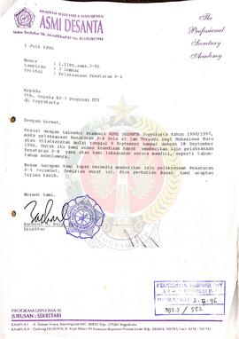 Surat dari Direktur ASMI DESANTA kepada Kepala BP-7 Provinsi Daerah Istimewa Yogyakarta perihal P...