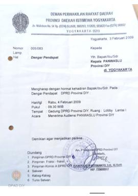 Surat dari DPRD Provinsi DIY kepada Kepala Panwaslu Provinsi DIY perihal Dengar Pendapat di Gedun...