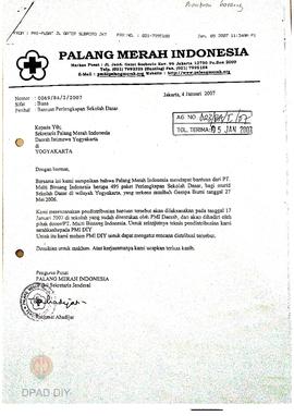 Surat dari Pengurus Pusat PMI kepada PMI kepada Sekretaris PMI DIY tentang bantuan dari PT Multi ...