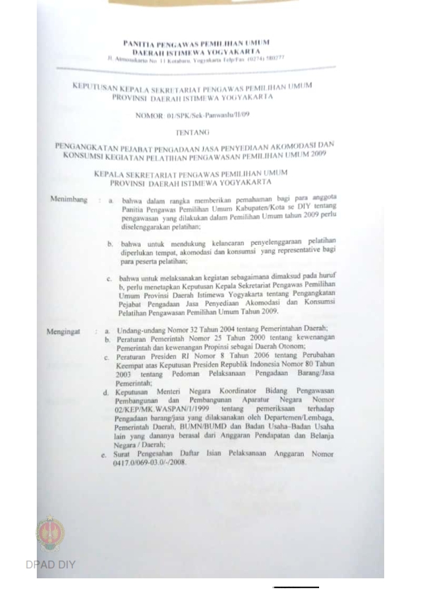 Surat Perintah Kerja No 08/SPK/Sek.Panwaslu DIY/II/09 Tentang Pengadaan ...