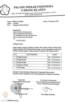 Surat No. 289/BA/VIII/2006 perihal jadwal tugas kemanusiaan gempa bumi di Kabupaten Klaten