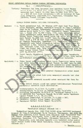 Surat keputusan Gubernur Kepala Daerah DIY, no. 57/HAK/KPTS/1979 tanggal  7 Juni 1979 tentang pem...
