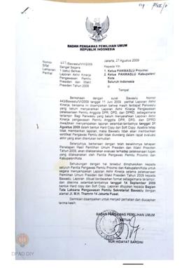 Surat dari Badan Pengawas Pemilihan Umum RI kepada Ketua Panwaslu Provinsi dan Kabupten/Kota selu...