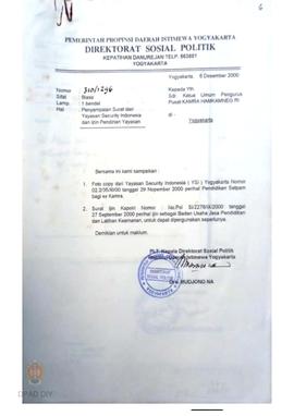Surat dari PH. Kepala Direktorat Sosial Politik Provinsi DIY kepada Ketua Umum Pengurus Pusat Kam...