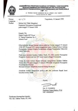 Surat dari Kepala BP-7 Daerah Istimewa Yogyakarta kepada Kepala BP-7 Pusat mengenai permohonan iz...