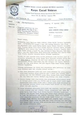 Surat Badan Pimpinan Harian pusat Korps Cocall veteran RI kepada Gubernur Kepala Daerah DIY tenta...