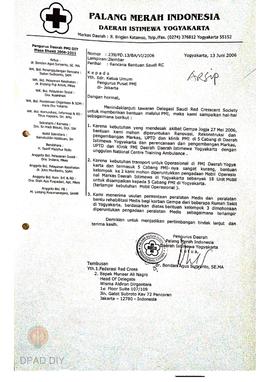 Surat  No. 239/PD.13/BA/VI/2006 tanggal 13 Juni 2006 dari PMI DIY kepada Ketua Umum Pengurus Pusa...