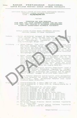 Surat Keputusan Kepala Kantor Wilayah Badan Pertanahan Nasional Provinsi DIY. No :  013 /SK / HGB...