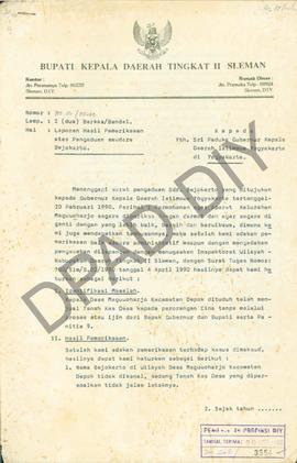 Surat dari Bupati Sleman, Drs. Samirin kepada Gubernur Daerah Istimewa Yogyakarta tentang Laporan...