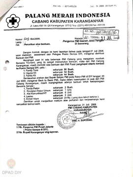 Surat dari PMI cabang Kabupaten Karanganyar tentang penarikan sisa bantuan.