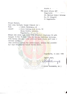 Surat dari Widodo Prateknyo, SH kepada kepala BP-7 Daerah Istimewa Yogyakarta perihal permohonan ...