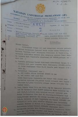 Surat dari Yayasan Universitas Proklamasi 45 Yogyakarta kepada Sri Paku Alam VIII tentang Relief ...