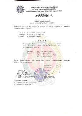 Surat Tugas/Mandat No: 021/STg/I.A/1.a/1997 dari Pimpinan Wilayah Muhammadiyah Daerah Istimewa Yo...