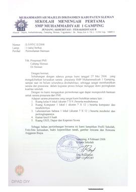 Surat masuk Muhammadiyah I Gamping No Surat E-5/97/C.II/2008 permohonan bantuan akibat adanya gem...