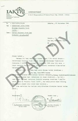 Surat dari Pengurus Pusat Ikatan Amemetri Kebudayaan Tradisional Indonesia tertanda Ketua Umum, M...